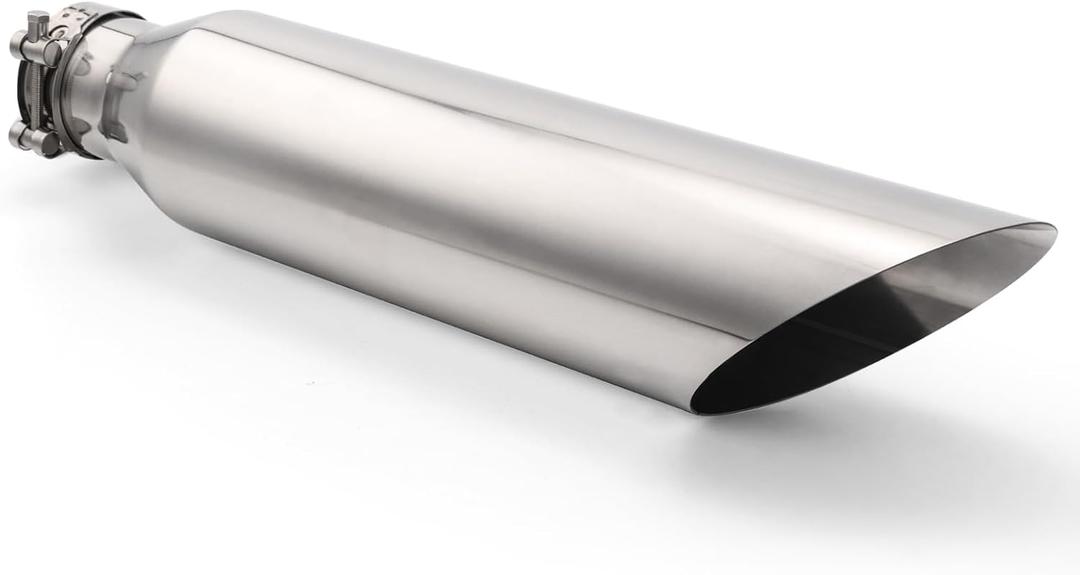 LCGP 2.5inch Exhaust Tip, 2.5" Inlet 4" Outlet 18" Long, Clamp On Tailpipe for Car Trucks, Polished, Universal Stainless Steel Diesel Exhaust Tailpipe, Slant Cut