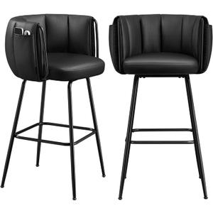 SONGMICS Home 360 Swivel Bar Stools Set of 2, Barstools with Curved Back, Upholstered Counter Bar Stools with Footrest, Metal Tapered Legs, for Kitchen Island, Dining Room, Ink Black ULBC123B02