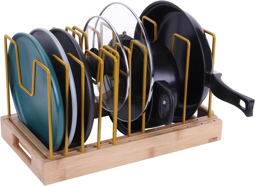 Bamboo Pot Lid Organizer Pot Lid Holder, Pot and Pan Organizer Drawer Organizer for Pot Lids, Pans, Cutting Boards & Baking Sheets, Dinner Plates, Reusable Containers in Cabinet Storage
