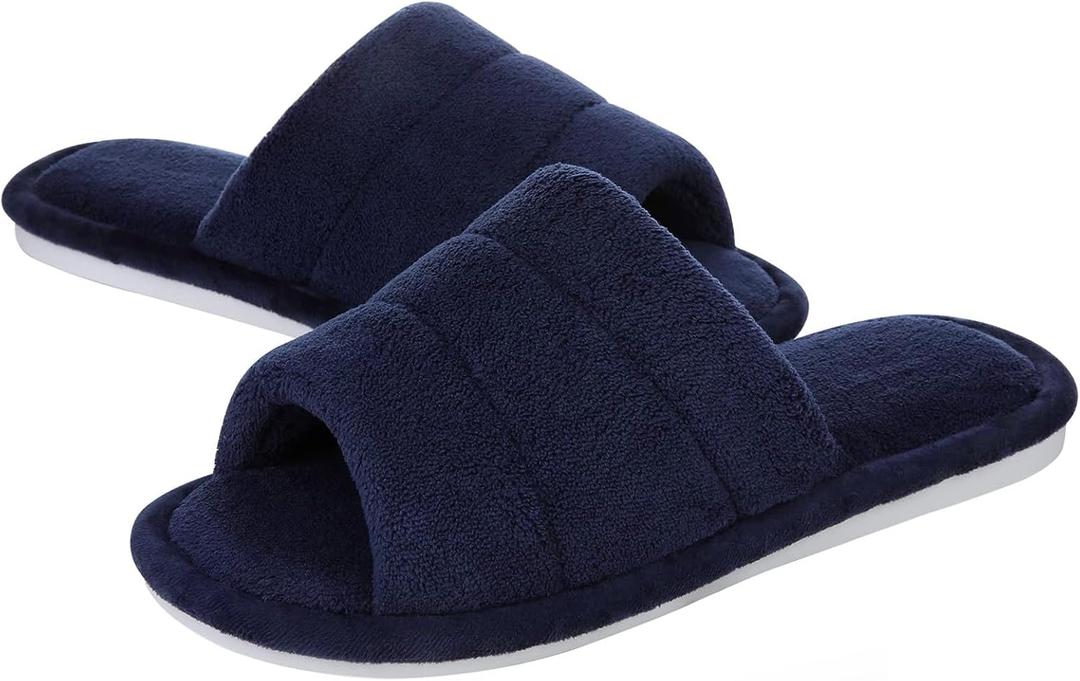 shevalues Terry Cloth Open Toe Slippers for Women Memory Foam Slip On House Slippers, Navy, 7.5-8.5 Women/6-7 Men