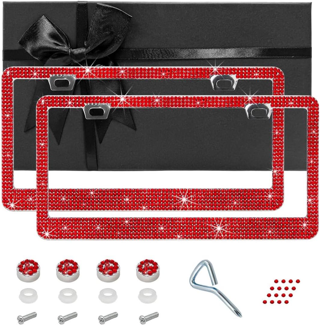 2PCS Bling License Plate Frames, Sparkly Rhinestone License Plate Cover for Women, Stainless Steel Glitter Crystal Diamond License Plate Holder, Universal Car Accessories (Red)