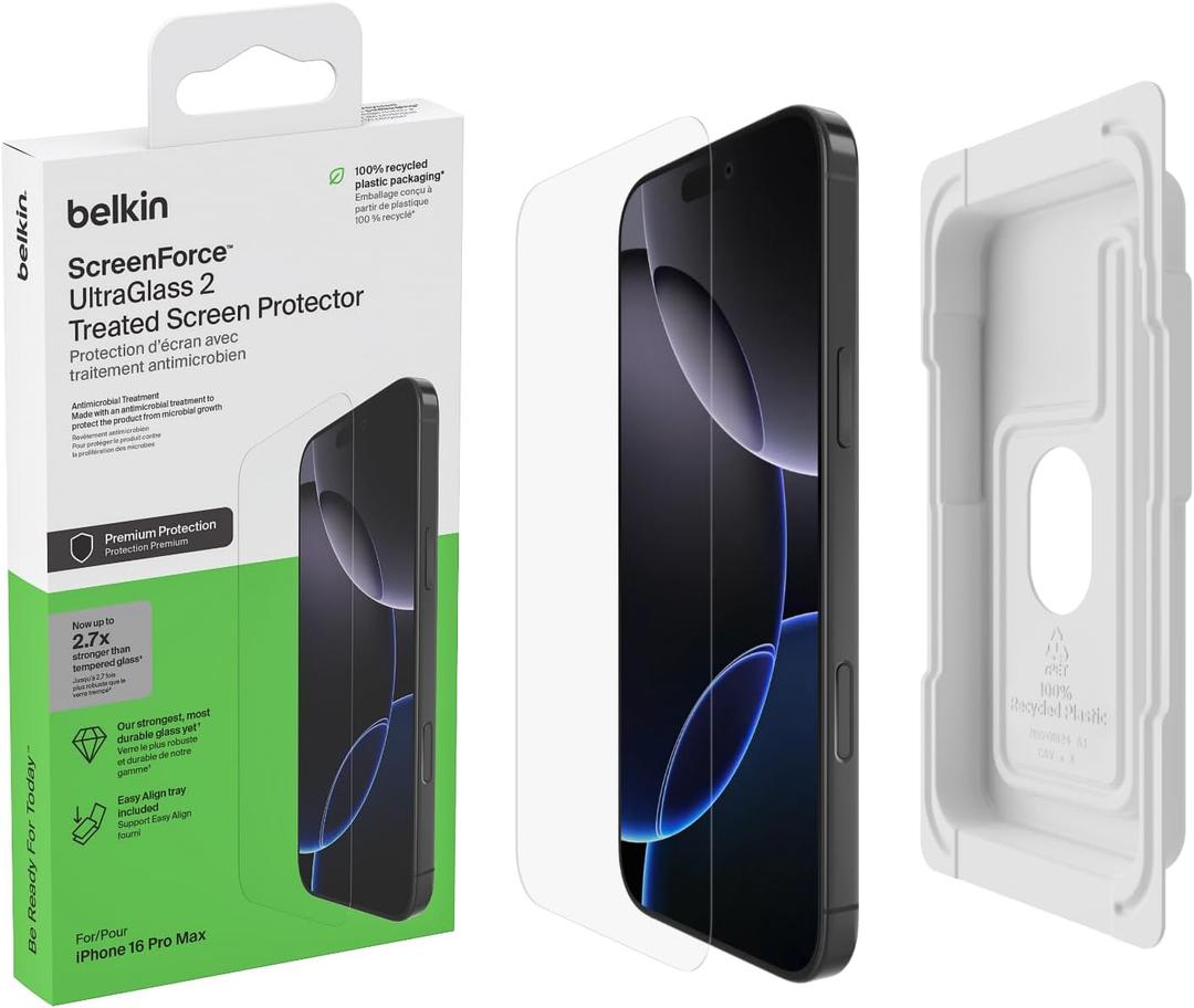 Belkin ScreenForce UltraGlass 2 Treated Screen Protector for iPhone 16 Pro Max - Scratch-Resistant, 9H Hardness Tested Glass w/Slim Design & Easy Align Tray for Bubble-Free Application
