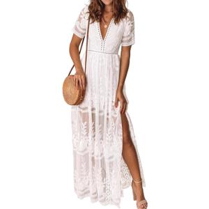 Women's Casual Off Shoulder Lace Maxi Dress Boho White Bridesmaid Wedding Evening Party Dresses (Medium, White)