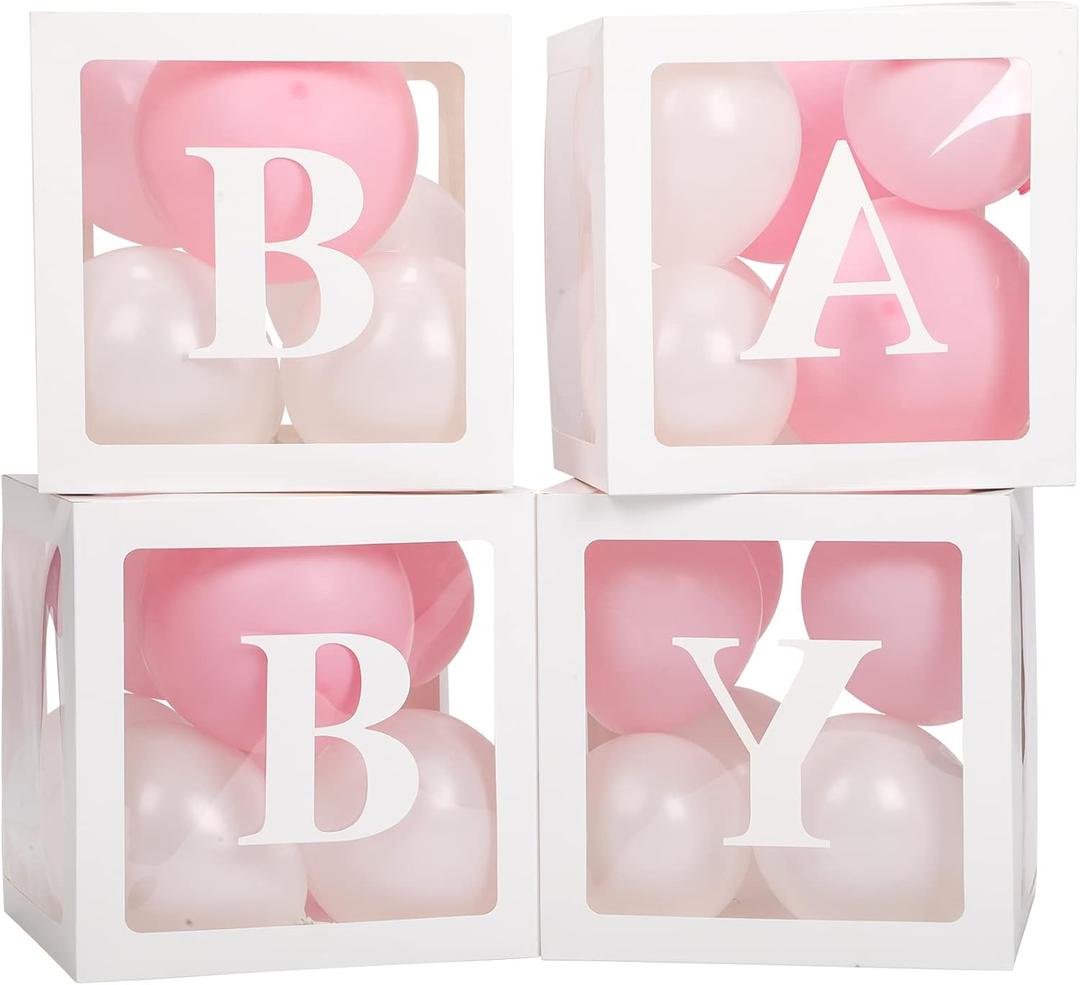 Baby Boxes with Letters for Baby Shower, 4 Transparent Balloon Boxes with Letters for Gender Reveal Birthday Wedding Baby Shower Decorations( Pink and White Balloons)