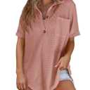 Astylish Women Oversized Waffle Shirts V Neck Short Sleeve Loose Blouses Beach Vacation Clothes Versatile Button Lightweight Pullover Dusty Pink Medium (Pink, M)
