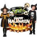Halloween Witches Cauldron Party Decorations Happy Halloween Photo Booth Props Cauldron Skeleton Photo Banner Photography Background for Kids Adults Trick or Treat Haunted House Party