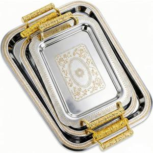 3 Pack Stainless Steel Serving Tray with Gold Handle Silver Metal Plate Platter Coffee Tea Serving Tray Floral Table Platter for Buffet Wedding Party Jewelry(Rectangle)
