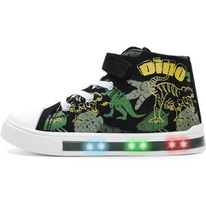 EUXTERPA Kids Toddler Sneakers Light Up Flashing Shoes Girls Boys Easy Fasten High Top Walking Canvas Sneaker (2 Big Kid, Green Dinosaur)