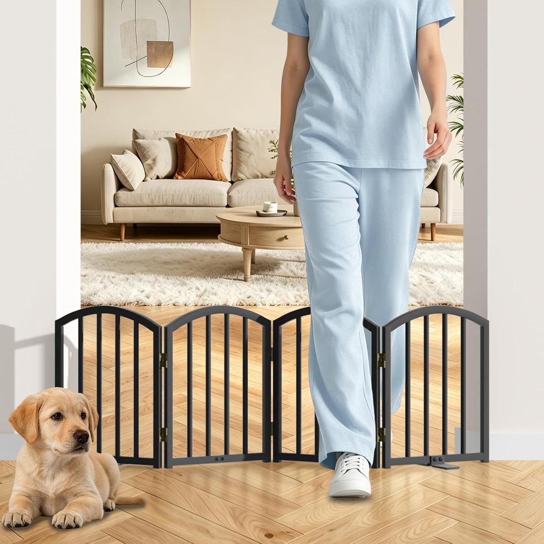 SNUOWU 16 Inch Full Metal Freestanding Short Dog Gate for Small Dogs, Foldable 4-Panel Pet Barrier, Expands Up to 48" Wide, Indoor Safety Fence for Doorway, Home & Stairs, Black