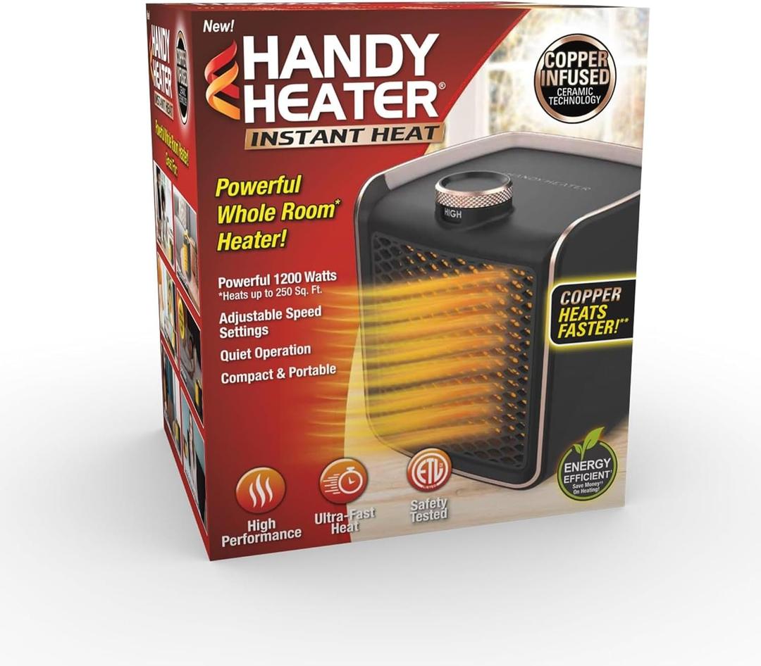 Handy Heater Instant Heat - Copper Infused Ceramic Technology Space Heater, 1200 Watts, Portable Heater for Office, Bedroom or Any Indoor Space, Adjustable Heat, Quiet & Cordless Personal Heater