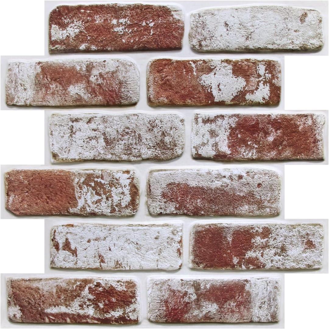 3D Whitewash Brick Wall Panels Peel and Stick, 10 Pcs of 12"X12", Small Size Lightweight PVC Fake Brick Adhesive 3D Brick Wallpaper Backsplash Kitchen Living Room, Paintable