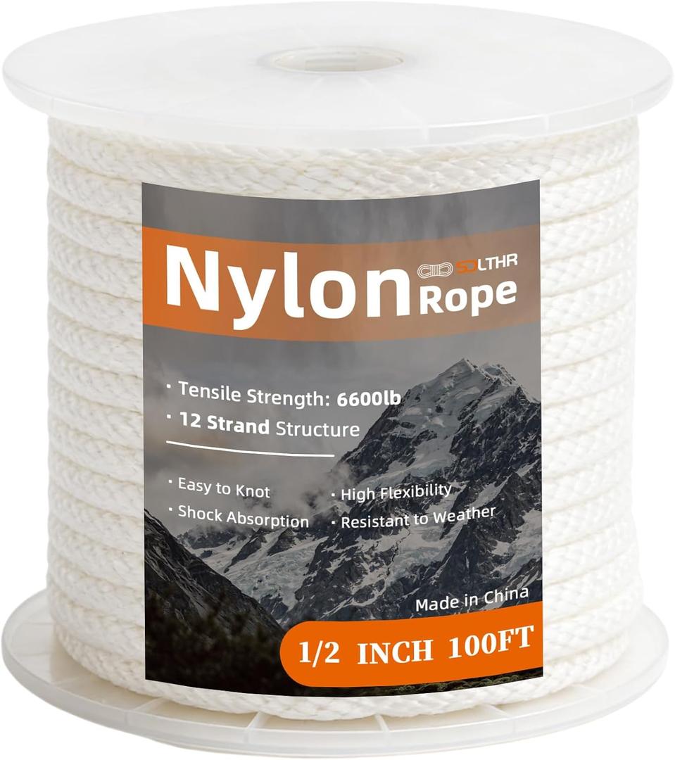 Nylon Rope 1/2inch 100ft Solid Braid Multi-Purpose Ropes for Outdoor Indoor Heavy Duty for Camping, Boat, Garden, Clothesline, Marine, Soft & Flexible, High Tensile Strength, White