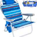 SUNNYFEEL Low Beach Chair 5 Position Lay Flat, Portable Folding Backpack Beach Chairs Heavy Duty with Cooler Bag, Cup Holder for Outdoor/Lawn/Picnic/Fishing, Foldable Camping Chair (New BlueStripe), 16D x 28W x 29.5H in