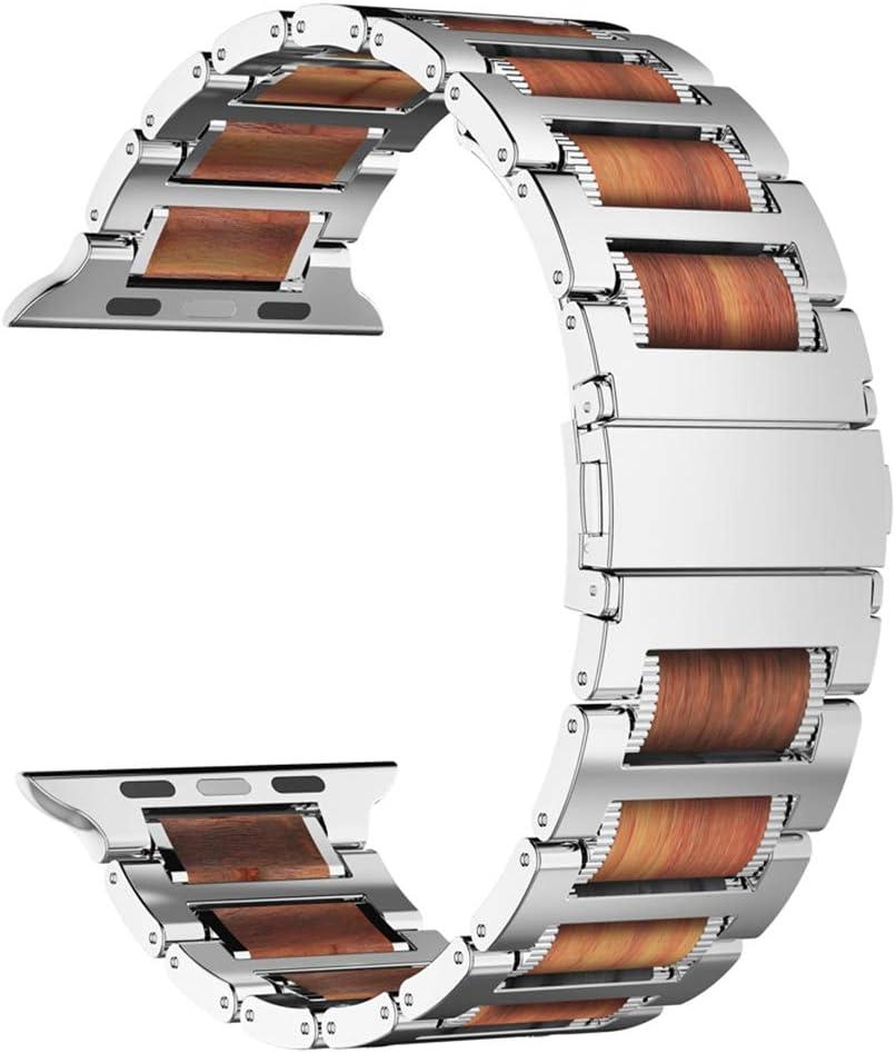 iiteeology Compatible with Apple Watch Band, Natural Wooden Steel Link Bracelet for iWatch Ultra 3/ Ultra 2/ Series 1-11 49mm 46mm 45mm 44mm 42mm - Silver