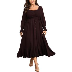 Plus Size Smocked Casual Maxi Dress for Curvy Women Long Sleeve Sweetheart Neckline Fall Dresses Button Down (Burgundy, XL)