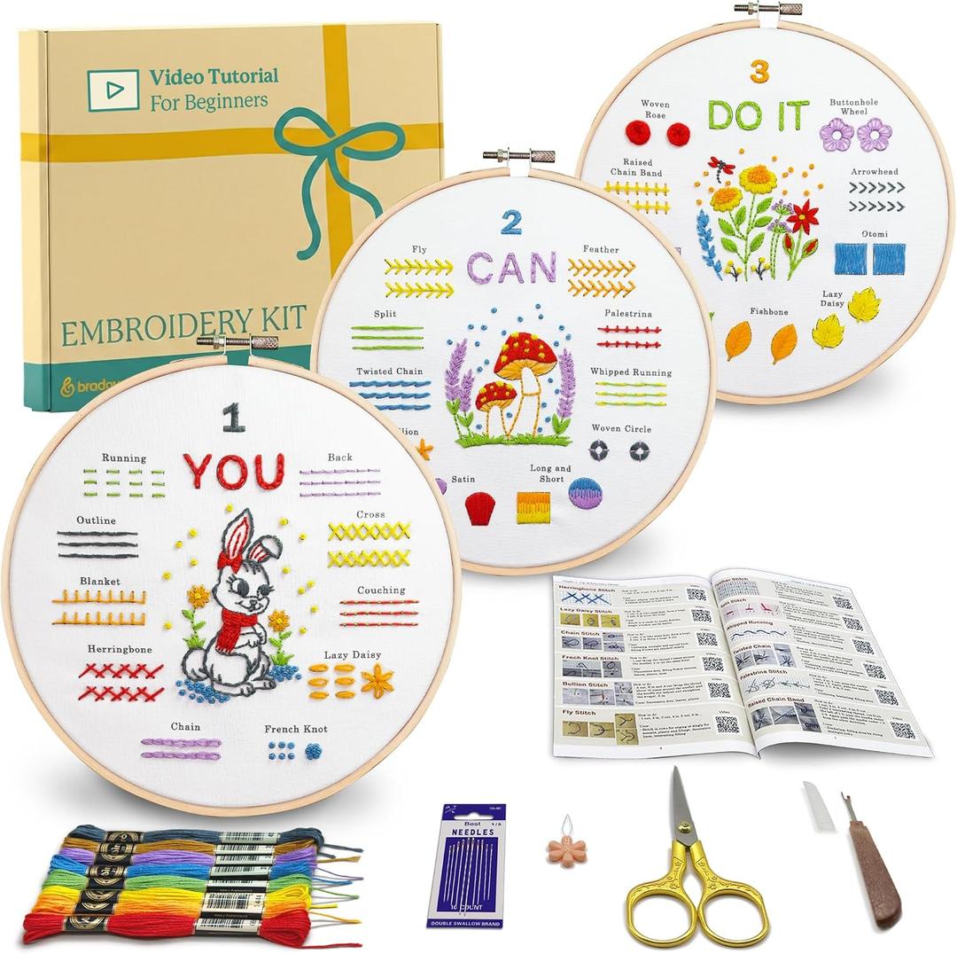 Bradove Embroidery Kit for Beginners, Learn to Embroider Top 29 Stitches and Cute Patterns with Video Tutorial and Instruction Booklet, Beginner Embroidery Kit for Adults Kids