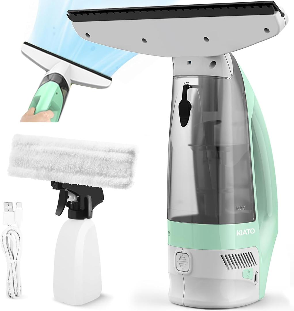 Kiato Window Vacuum Squeegee Cordless, Electric Window Vac, Rechargeable Window Cleaner with Spray Bottle, for Cleaning Windows, Mirrors, Glass, 2200mA, WC10
