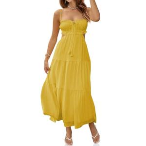 Fisoew Women's Spaghetti Strap Maxi Dress Summer Sleeveless Side Cut Out Dress Casual Boho Backless Flowy Long Dresses Yellow, Medium