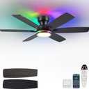 Kviflon 52" Ceiling Fans with RGB Lights, Low Profile Ceiling Fan with Remote/APP Control, Flush Mount, Double-Sided 6 Reversible Blades, RGB+3CCT Dimmable Lights, Double Lampshade for Bedroom, Black