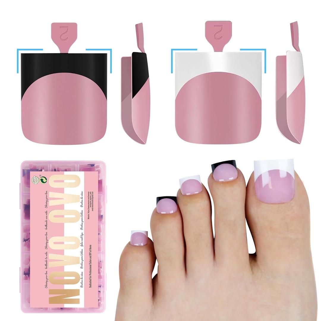 Halloween Black and White Mix Color French Tip Toe Nail Tips Press on, Sharp Square Pre-Designed Soft Gel False Toenail Extension, Medium Fake Toenails, Full Cover Acrylic for DIY x 15 Sizes 240 pcs