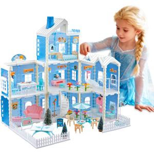 XOS Dollhouse Big Blue Dream Doll House Pretend Play& Learning Toy 3-Story Castle 7 Rooms 11 Scenarios for Girls & Boys Ages 4+ 37PCS Without Dolls