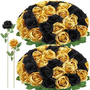 72 Pcs Artificial Roses Gold, Black Fake Silk Roses Realistic Roses Faux Flower Indoor Wedding Home Decor, Birthday Decorations