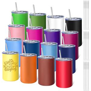 YOUKE OLA 16 Pack Stainless Steel Skinny Tumblers 12oz - Bulk Straight Double Wall Vacuum Insulated Tumbler with Lid and Straw for Travel, DIY, 16 Colors