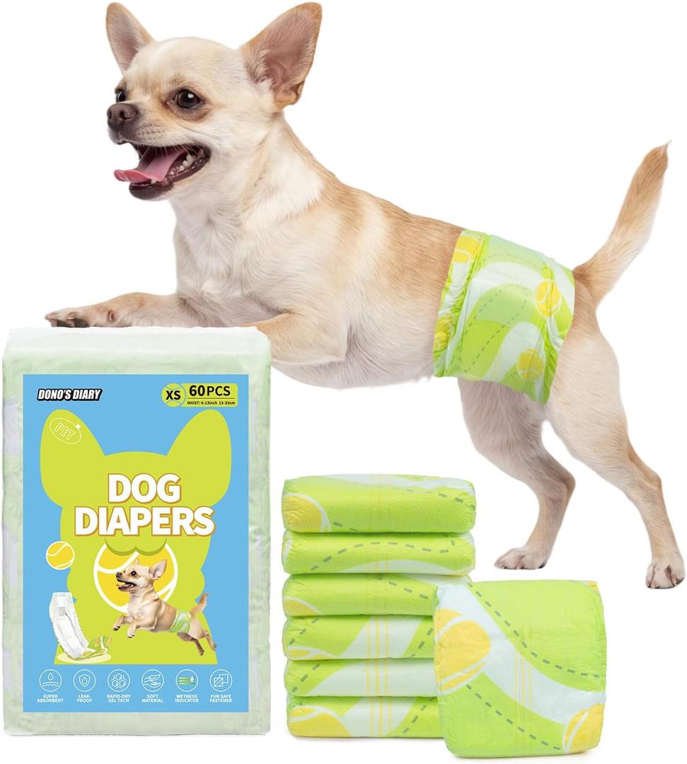 Dono Dog Diapers Male, Disposable Male Dog Wraps 60ct, Super Absorbent Doggie Diapers with Wetness Indicator, Leak-Proof Belly Band, Puppy Pampers for Excitable Urination, Incontinence, X-Small