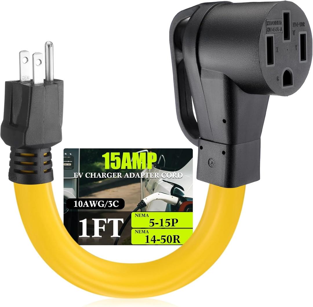 5-15P to 14-50R EV Charger Adapter Cord Compatible with Nema 110V 15A 3 Prong Male to 50A 4 Prong Female Power Cord with Handle for Level 1 EV Charging, STW 10 AWG/3C, 1FT, ETL Listed