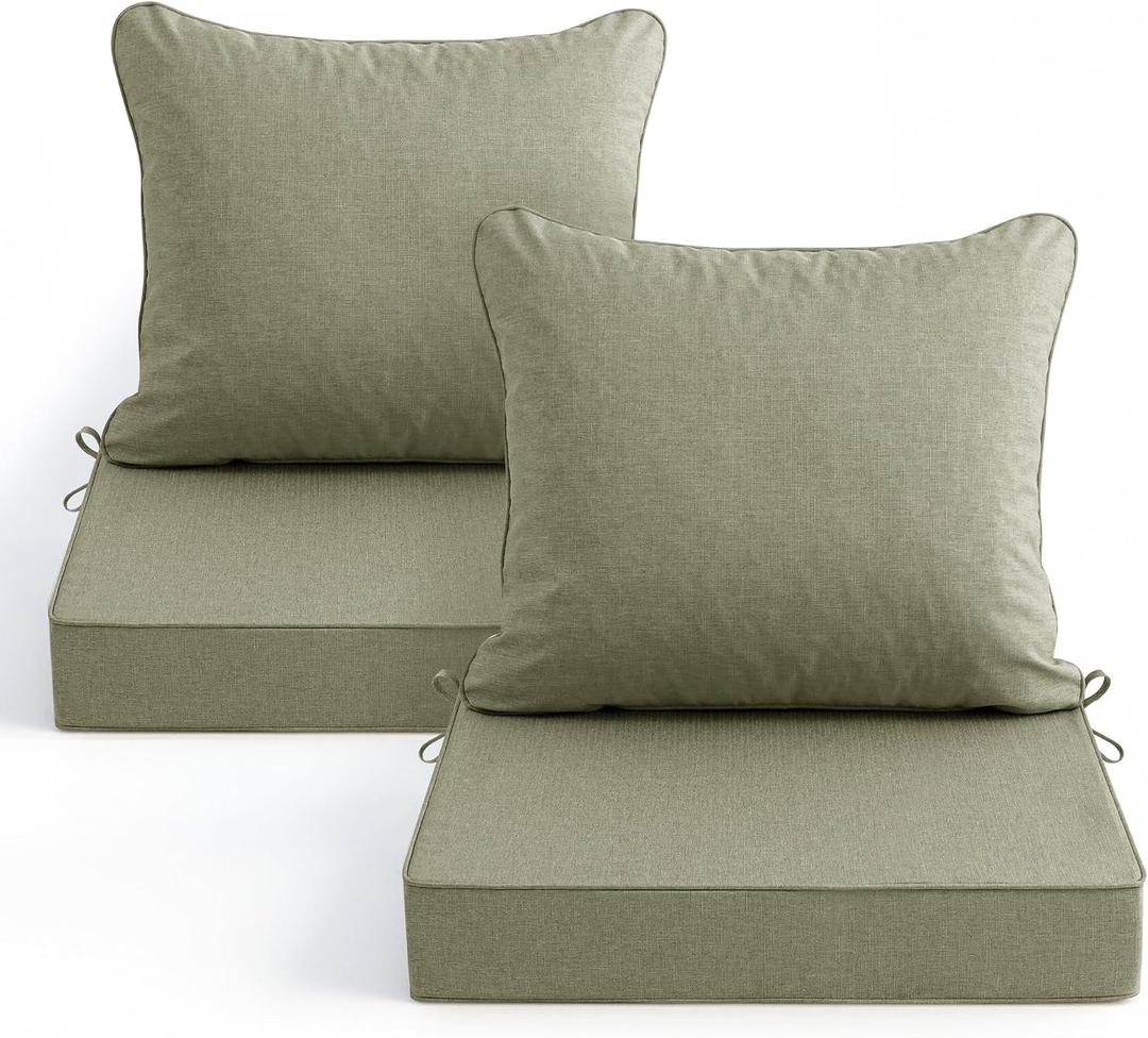 Summsun Water Resistant Outdoor Chair Cushions, Faux Linen Backrest and Seat Cushion Set with Ties, Removable Cover, Non-Slip Bottom for Patio Furniture, 19 x 19 Inch, Mocca Green, Set of 2, 2P/19*19+19*17 Inch