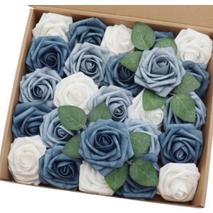 Artificial Flowers 25PCS Real Looking White & Dusty Blue Shades Fake Roses with Stem for DIY Wedding Bouquets Centerpieces Baby Shower Party Home Decorations