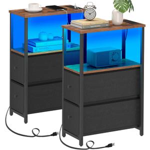 TUTOTAK Small Narrow LED End Table with Charging Station, Side Table Outlets, Nightstand with 2 Cloth Drawers, Set of 2, Couch Table, for Living Room, Bedroom, Bedside, Brown and Black TB01BB056K