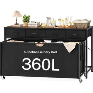 Laundry Sorter, Rolling Laundry Hamper with 5 Section Pul-Out Bags, Laundry Basket Organizer with 4 Drawers, Laundry Hamper with Wheels for Laundry Room Organization, Bathroom, Bedroom, 360 L