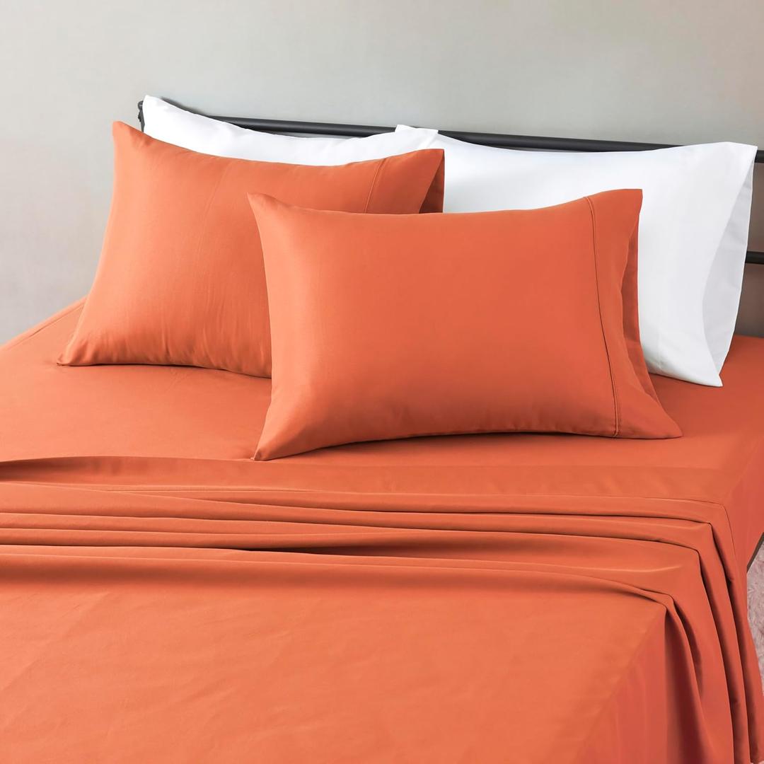 Amazon Basics Lightweight Breathable Microfiber 4-Piece Bed Sheet Set, Brick, Solid, Queen