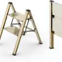 WOA WOA 2 Step Ladder, Foldable Step Stool, Aluminum Lightweight Ladder for Home Kitchen Closet, Anti-Slip Pedals, Ease of Folding, Portable, 300lbs Capacity - Gold (Brown Gold)