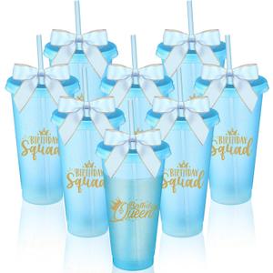 8 Set Birthday Party Glitter Tumblers 24 oz Birthday Squad Queen Plastic Tumblers with Lid Straw and Twist Bow for Squad Party Favor Decorations for Women(Light Blue)