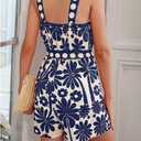 utcoco Womens Summer Rompers Sleeveless Floral Print High Waist Wide Leg Shorts Overalls Jumpsuit with Belt (Large, Blue)
