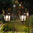 Dynaming 2 Pack Solar Hanging Lights Outdoor, Solar Powered Garden Decorative Lanterns with 2 x 38 Inch Shepherd Hooks, Waterproof Landscape Lighting for Lawn Patio Yard Pathway Driveway, Warm White