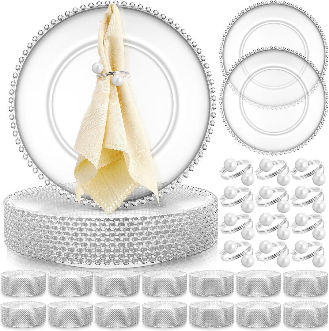 Tioncy 50 Set Clear Charger Plates Bulk Beaded Plastic Charger Plates 13 Inch, Napkin Rings, Acrylic Round Dinner Table Decorative Plate for Wedding Party Event (Clear and Silver)