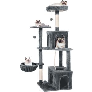 54 Inch Multi-Level Cat Tree Tower with Hammock, Condos & Scratching Posts, Large Cat Furniture for Indoor Cats with Pompoms, Dark Grey