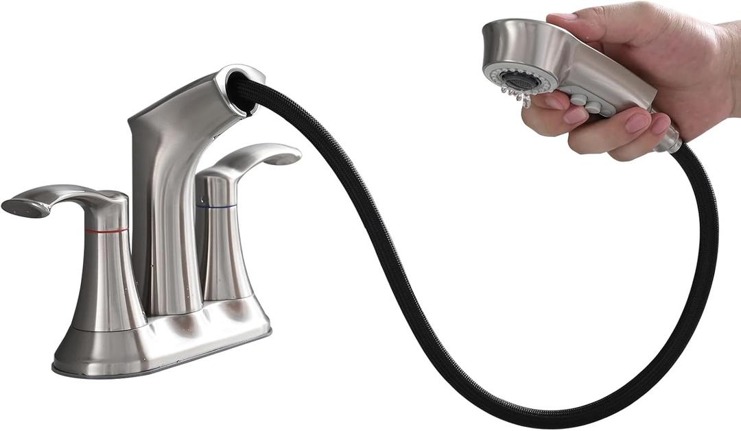 Bathroom Faucet with Pull Out Sprayer, 4 Inch Centerset 3 Hole, 2 Handle Pull Out for Bathroom, Utility Sink or Laundry Tub, Brushed Nickel