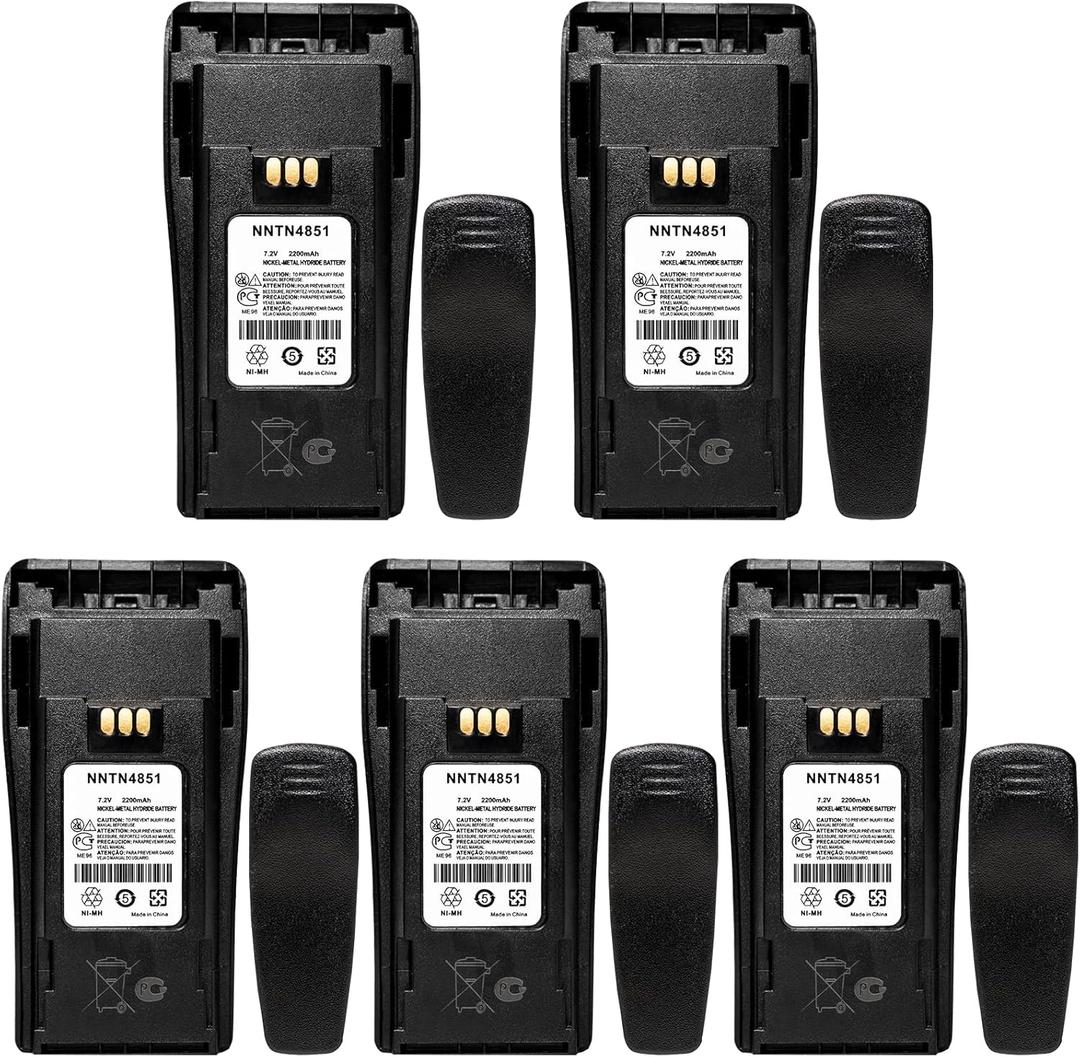 5 Pack NNTN4851 NNTN4851A NNTN4496 NNTN4497AR NNTN4970A 7.2V 2200mAh Ni-MH Two-Way Radio Battery Replacement for Motorola CP040 CP140 CP150 CP160 CP180 CP200 PR400 EP450+Belt Clip