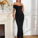 URYIAO Off Shoulder Maxi Dress for Women Ruched Bodycon Formal Wedding Guest Long Dresses (Black, L)