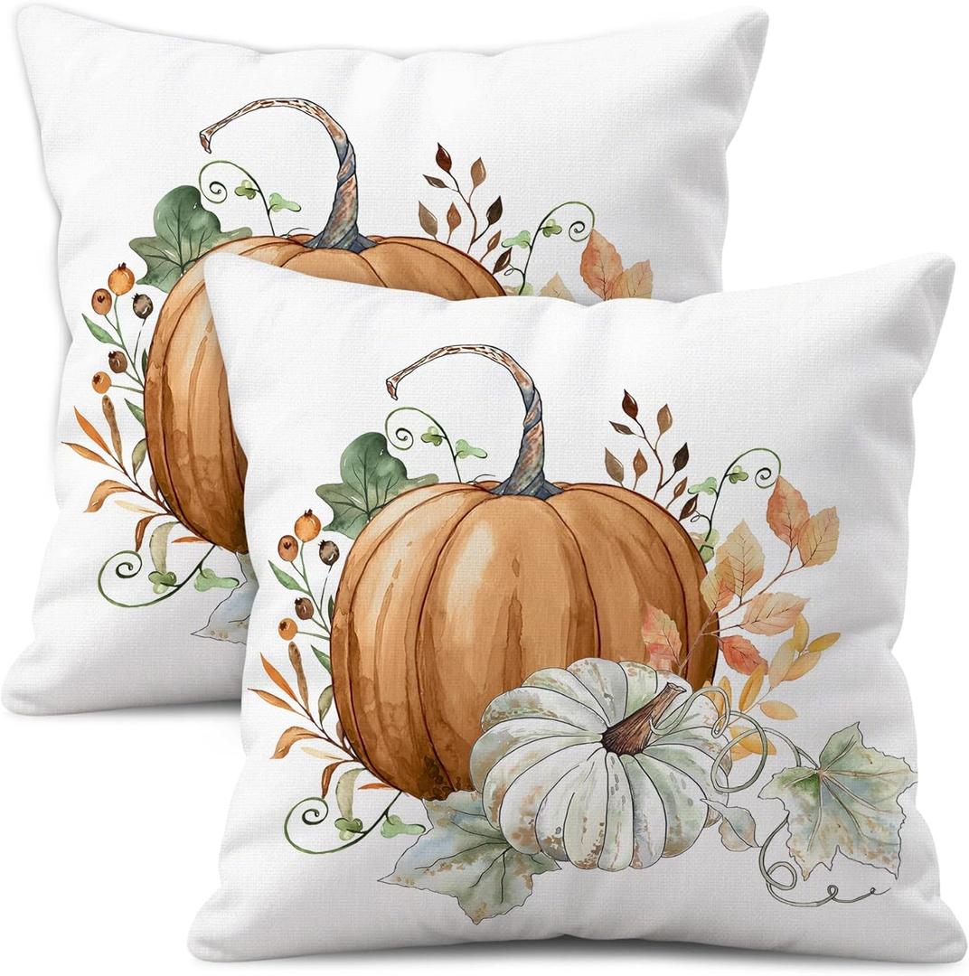 Fall Pillow Covers 18x18 Set of 2, White Linen Orange Pumpkin Decorative Throw Pillow Cases, Double-Sided Print, Autumn Harvest Cushion Covers for Couch Sofa Bed