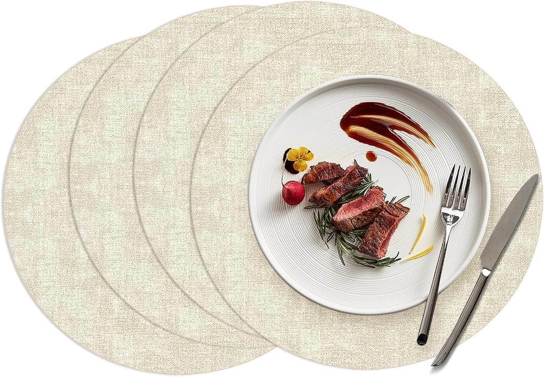 COSMOCASA 15 inch Faux Leather Round Placemats Set of 4 Non-Slip Washable Wipeable Table Mats, Heat Resistant Waterproof Oilproof Place Mats for Kitchen, Dining, Party, Indoor, Outdoor Beige