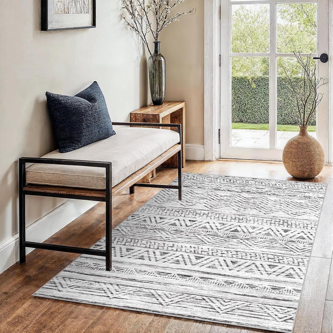 3x4 Washable Entryway Area Rug: Moroccan Small Runner Rug for Hallway Soft Modern Non Slip Door Mat with Rubber Backing Low Pile Thin Floor Carpet for Kitchen Bathroom Bedroom Indoor 3x4 Grey