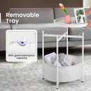 Round Side Table, White End Table with Storage Basket, Metal Night Stand with Removable Tray, Small Bedside Table for Living Room, Bedroom, Nursery (White), 17 inches x 17 inches x 20.5 inches