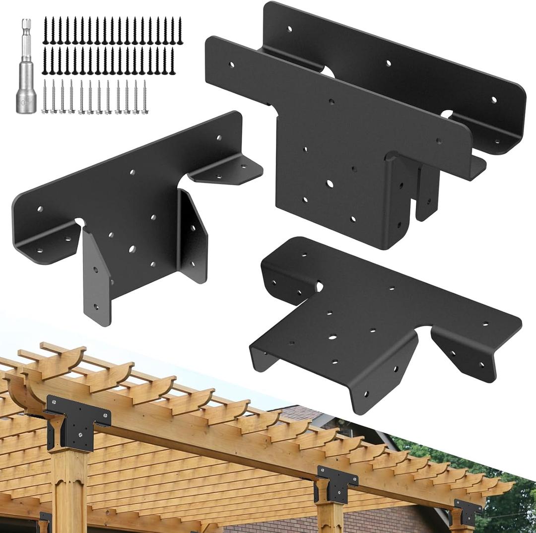 4Pcs Heavy Duty Pergola Brackets,Adjustable Pergola Brackets 4x4,Can be Fence Post Brackets for Metal Posts to Wood (4pcs 3-Way T Brackets)