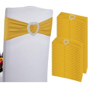 Zrlljp 100PCS Spandex Stretch Gold Chair Sashes Bows Universal Elastic Chair Cover Bands Ties with Buckle Slider for Wedding Party Birthday Reception Event Banquet Decoration(Gold)