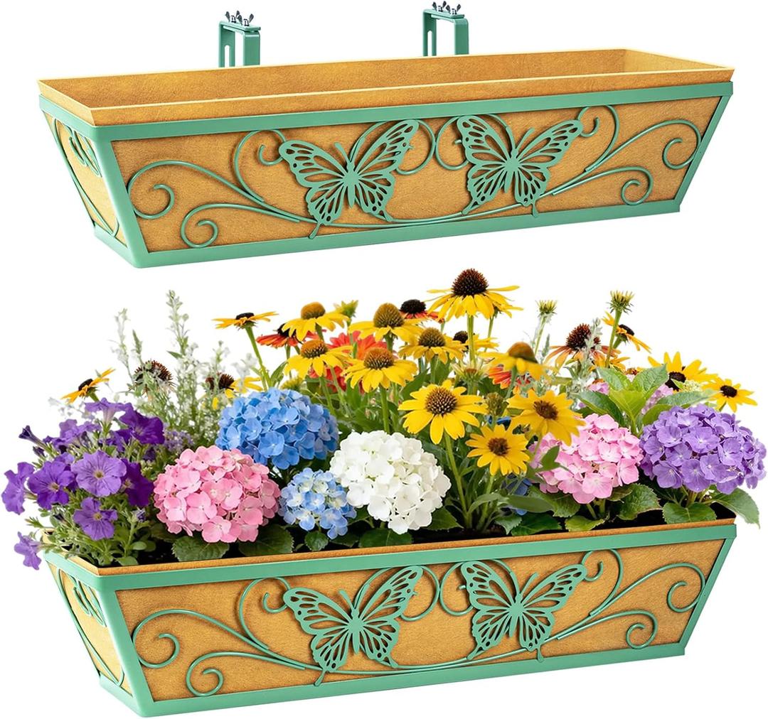 2 Pack 24 Inch Window Boxes Planter Railing Planters Box with Adjustable Brackets for Porch Deck Balcony Hanging Butterfly Decorative Flower Baskets & Non-Woven Fabric Liner for Outdoor Plants - Green